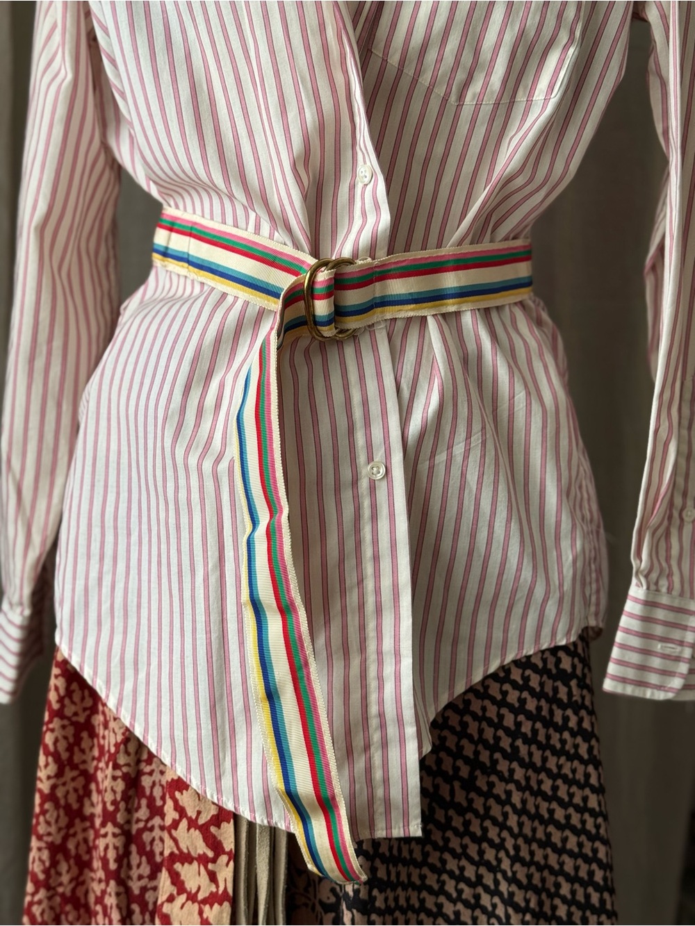 Vintage handmade preppy colorful striped woven grosgrain ribbon belt rainbow
